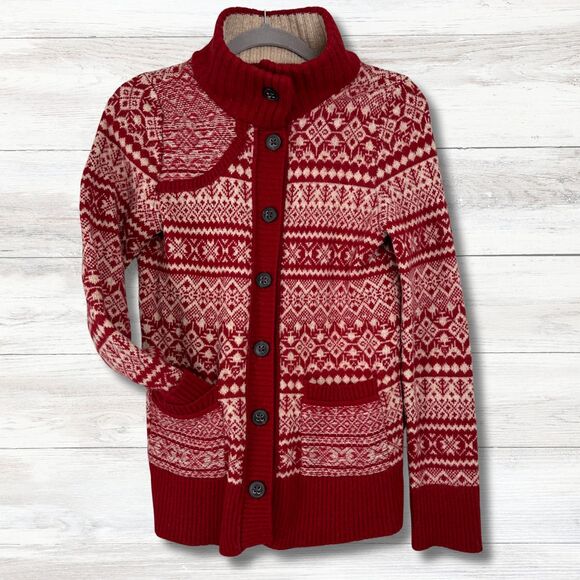 Eddie Bauer Cardigan Womens Small Red Fair Isle Lambswool Sweater Christmas Cozy - Picture 1 of 11